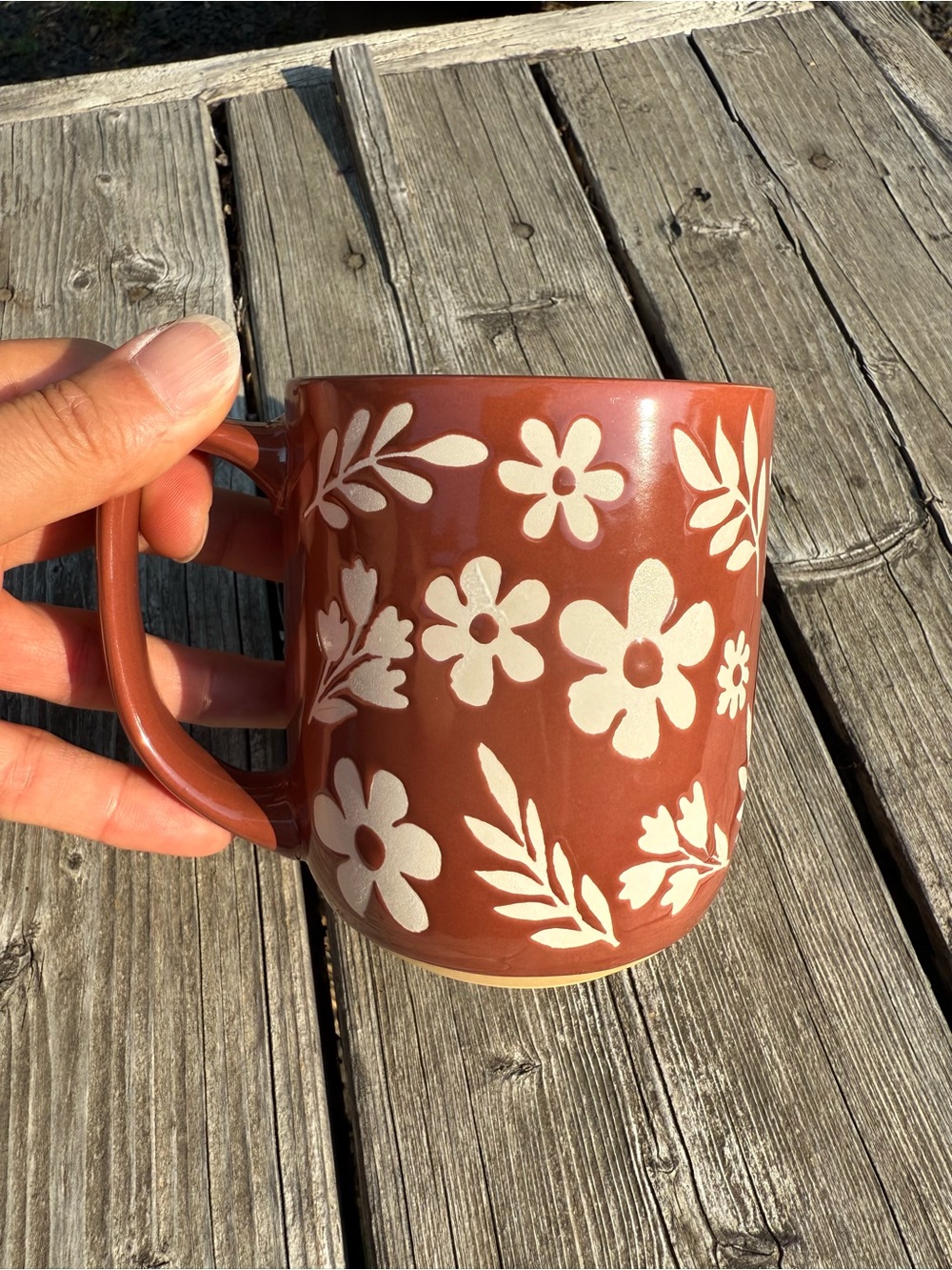 Brown Floral Ceramic Coffee Mug - White Flower Pattern